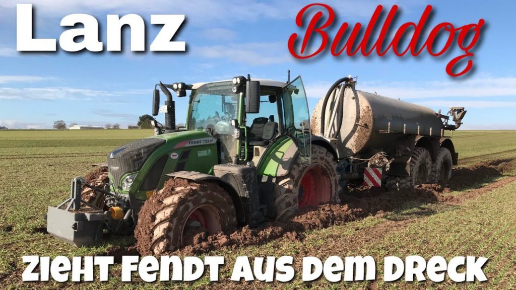 Fendt met giertank zit vast, lanz liert hem wel eventjes eruit!
