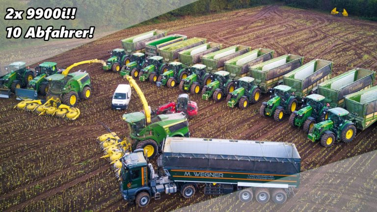 M. Wegner aan het hakselen 2020 met 2x John Deere 9900i en een 8400i hakselaars en 12x John Deere trekkers. — JP Agrar