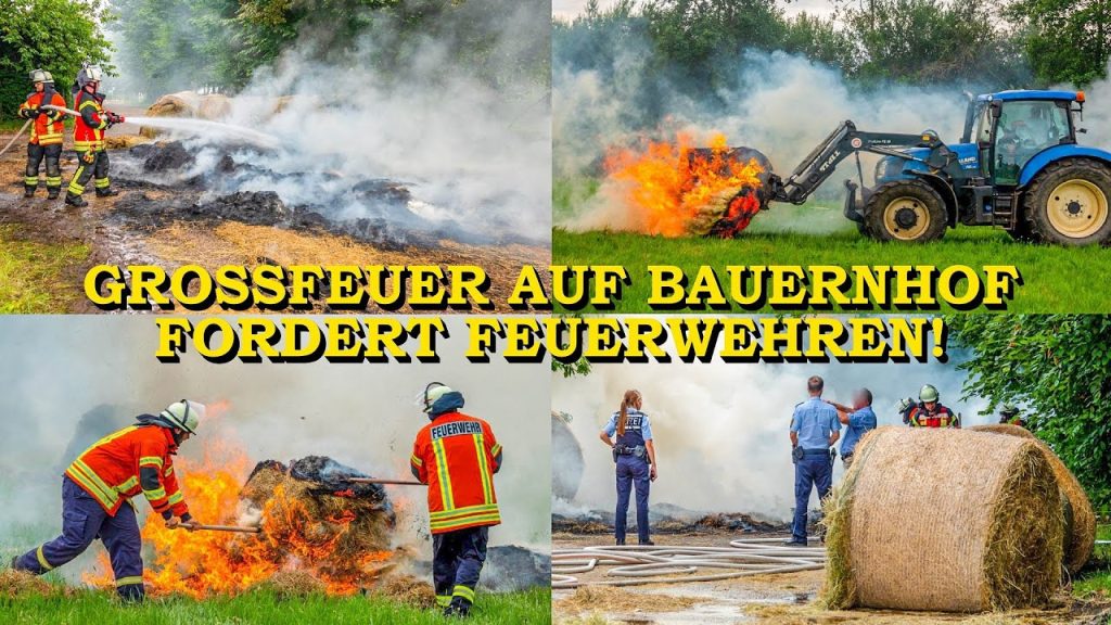 Ronde balen vatten vlam in een veestal en worden naar buiten gebracht om geblust te worden!